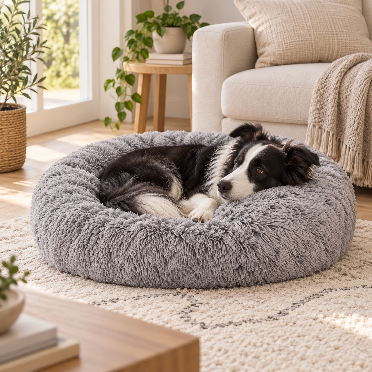 Border collie installé dans le panier donut gris à côté du canapé
