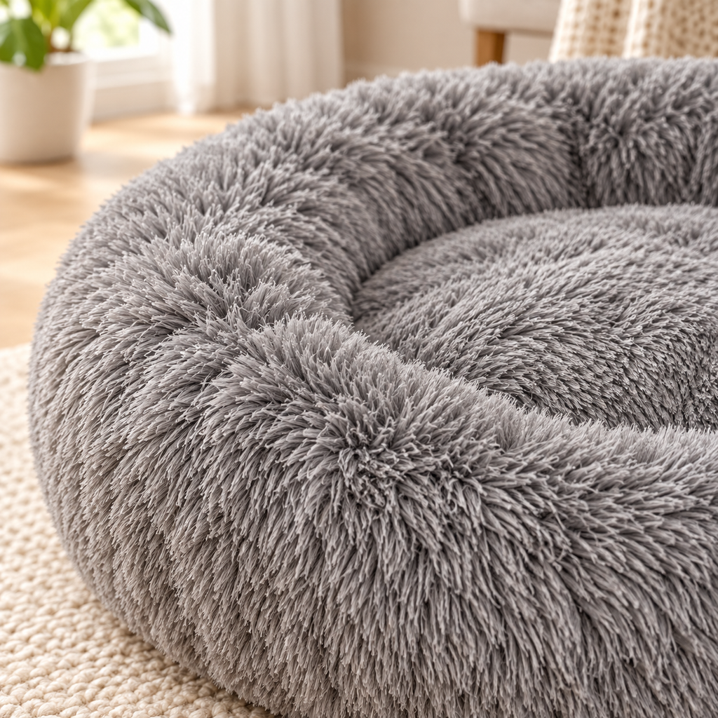 Gros plan sur la peluche longue du panier donut gris et son rebord surélevé
