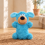 Peluche chenille bleue en forme de chien souriant, sans rembourrage
