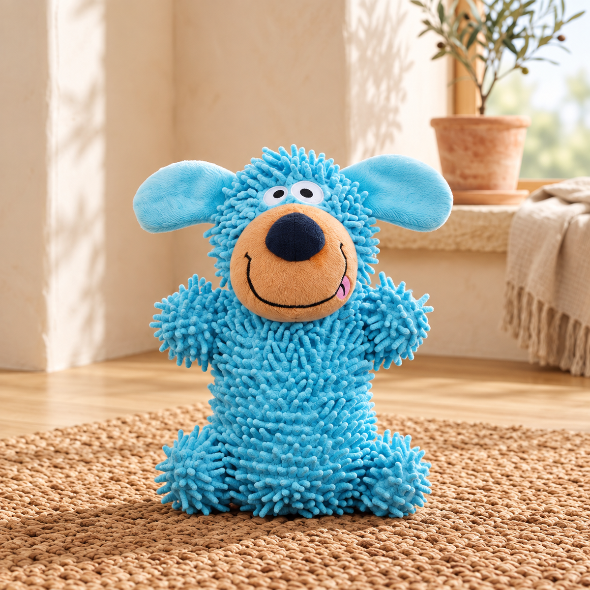 Peluche chenille bleue en forme de chien souriant, sans rembourrage