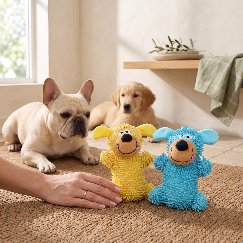 Peluches chenille jaune et bleue devant un bouledogue français et un chiot golden retriever