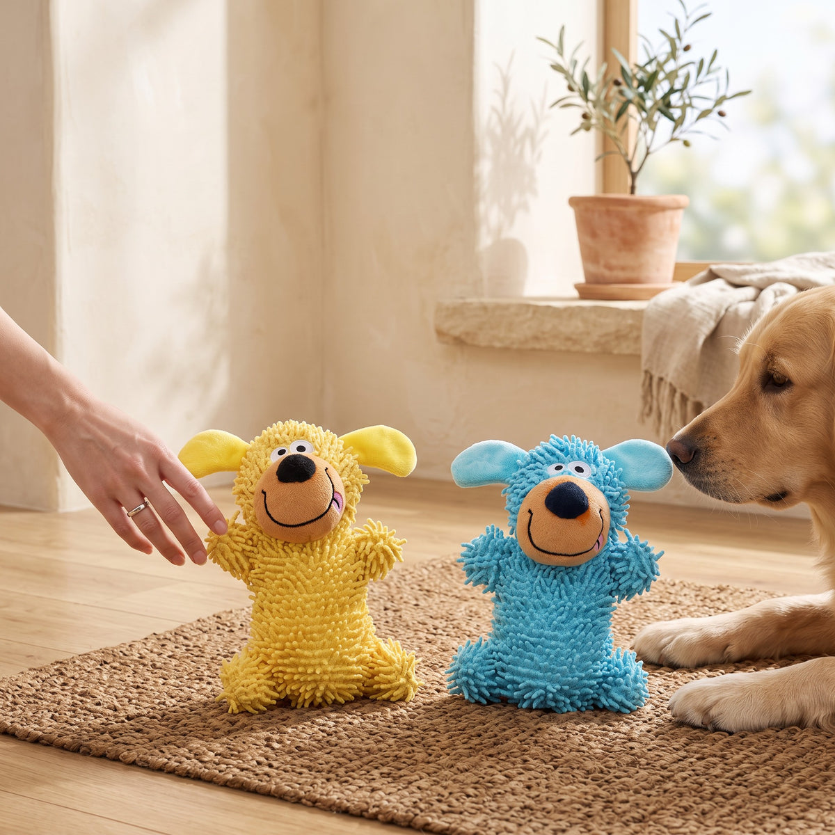 Lot de deux peluches chenille, jaune et bleue, présentées à un golden retriever