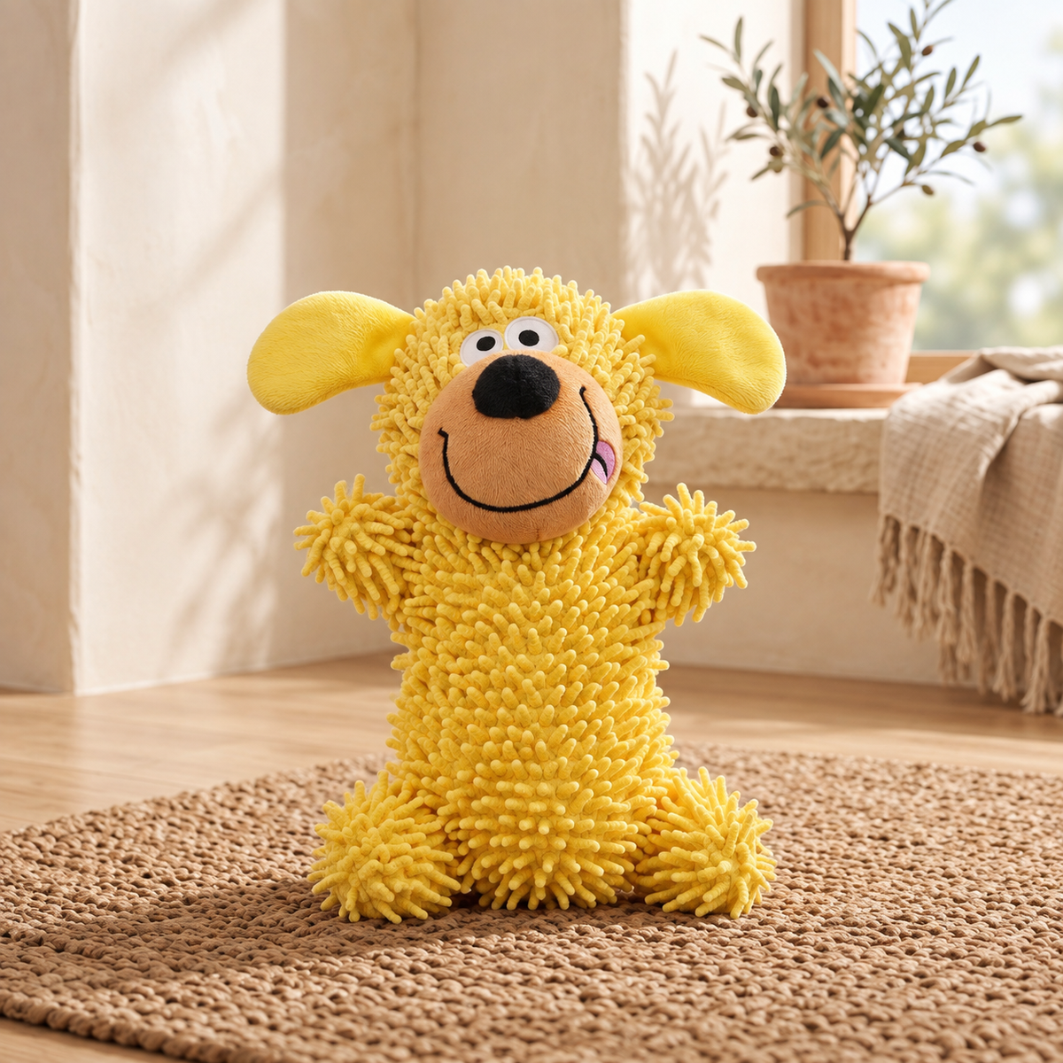 Peluche chenille jaune en forme de chien souriant, sans rembourrage