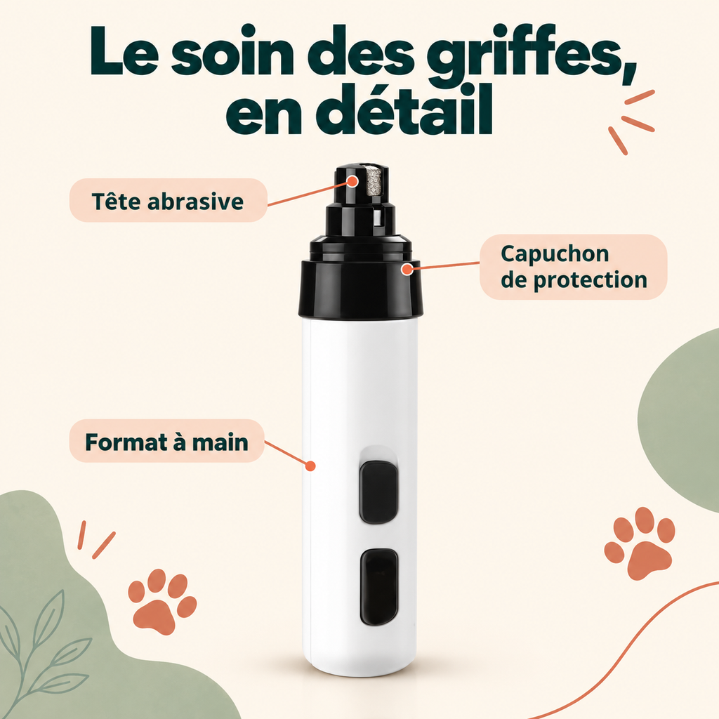 Le soin des griffes en détail : tête abrasive, capuchon de protection, format à main