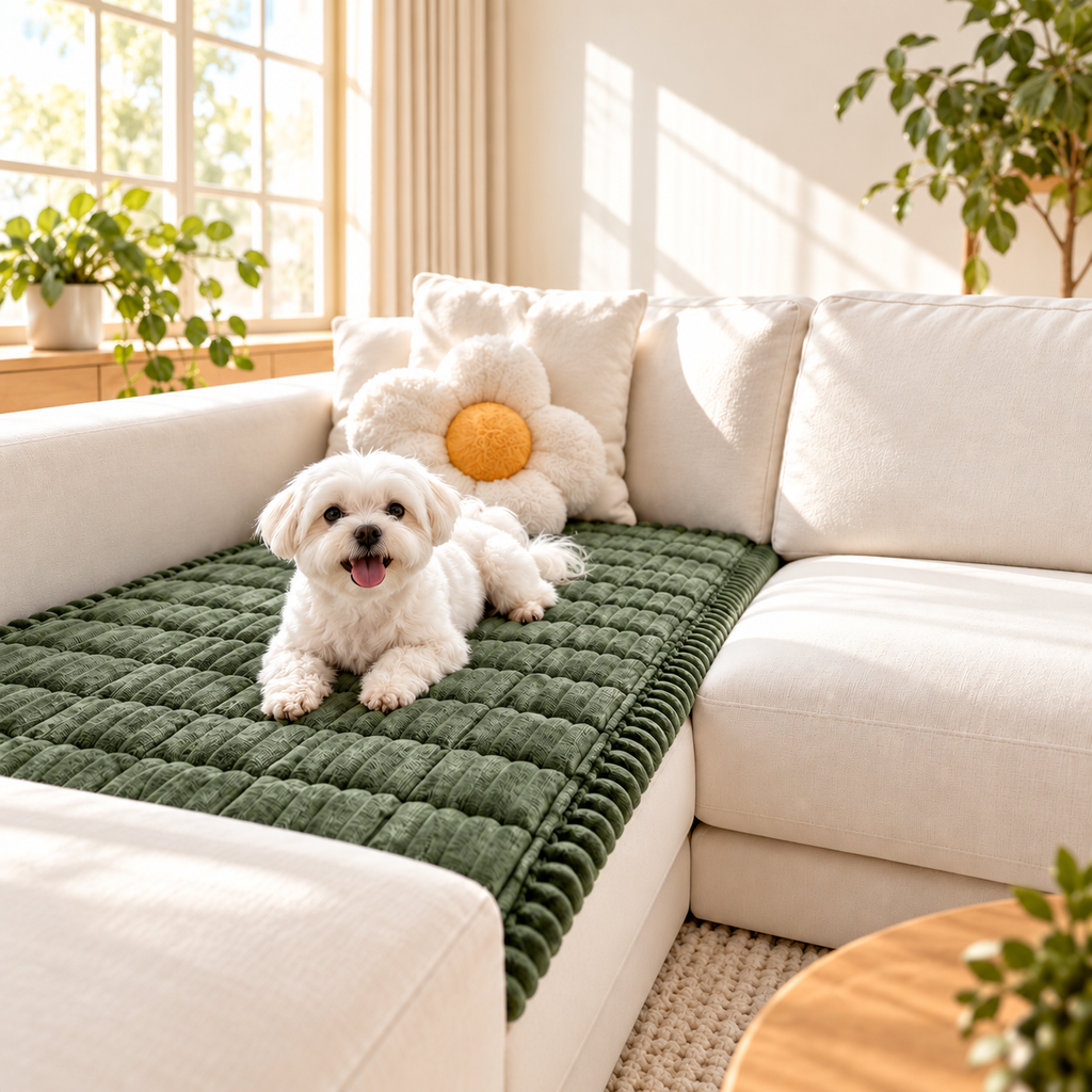 Bichon maltais sur le protège-canapé vert sapin posé sur un canapé d’angle