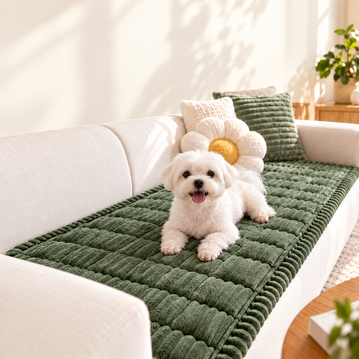Bichon maltais allongé sur le protège-canapé matelassé vert sapin, sur un canapé clair