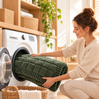 Protège-canapé vert sapin glissé dans le lave-linge