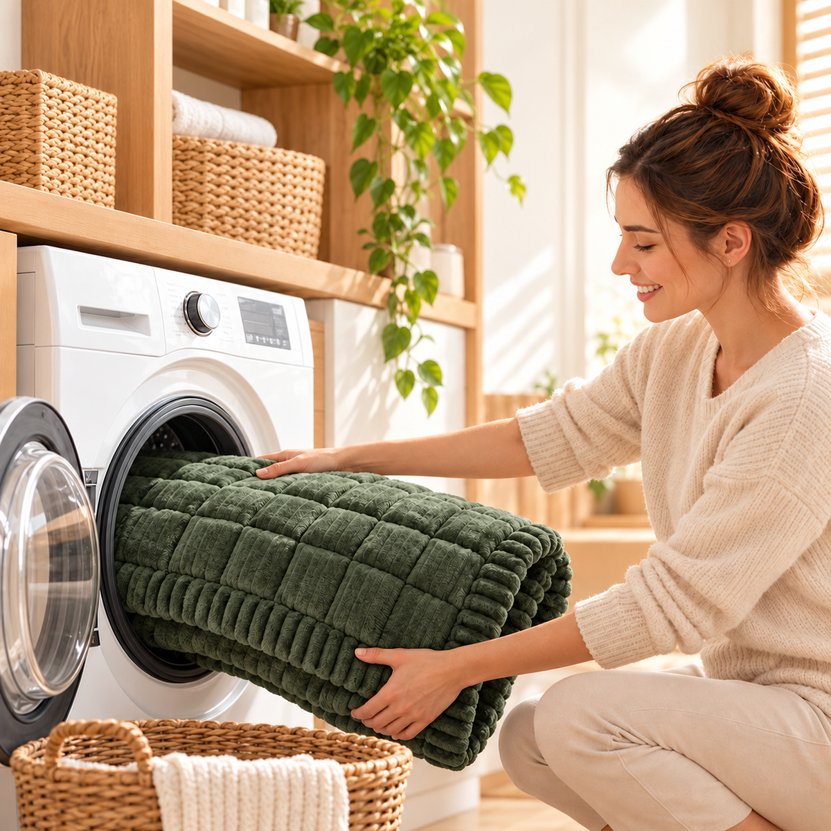 Protège-canapé vert sapin glissé dans le lave-linge