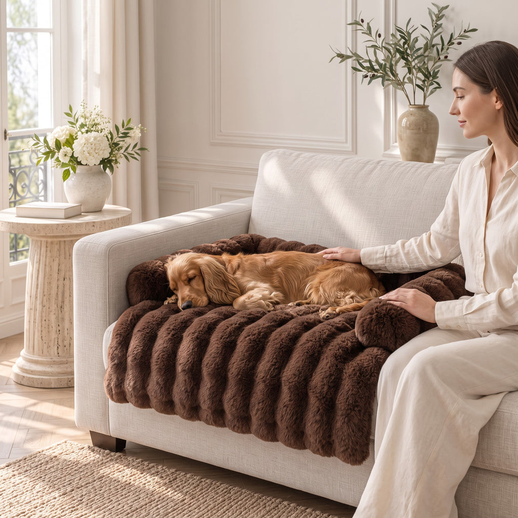 Cocker endormi sur le tapis moelleux effet fourrure brun, caressé par sa maîtresse sur le canapé