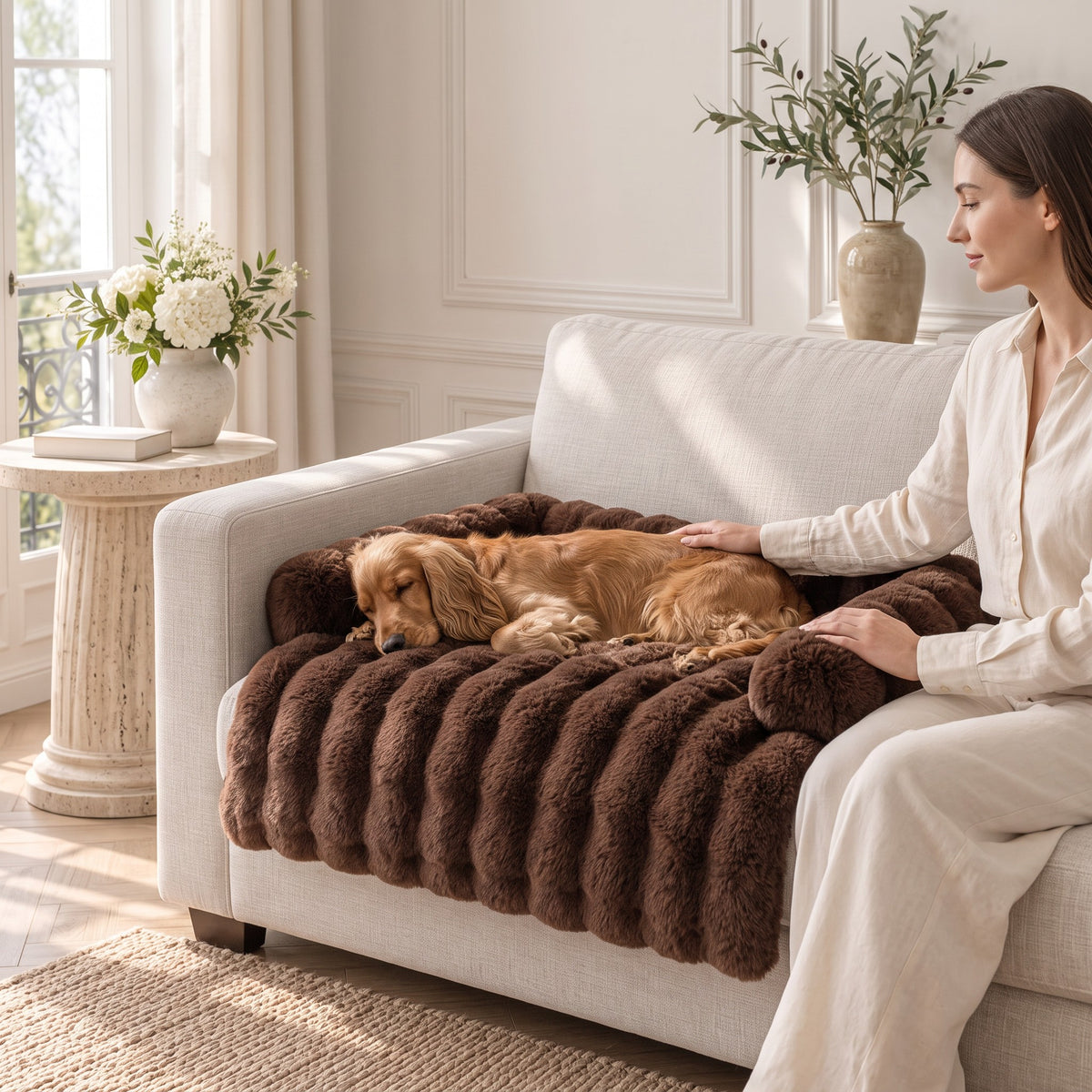 Cocker endormi sur le tapis moelleux effet fourrure brun, caressé par sa maîtresse sur le canapé