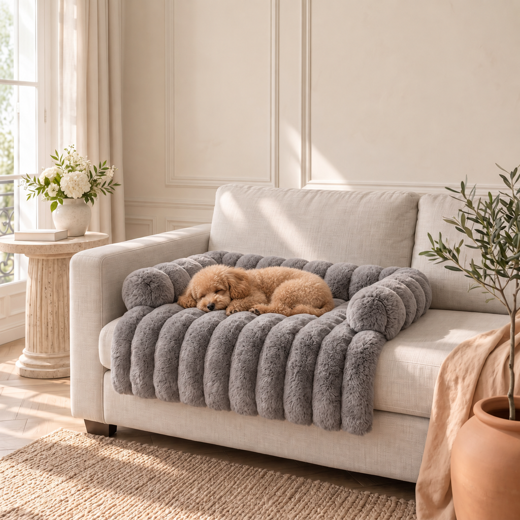 Chiot caniche endormi sur le tapis fourrure gris clair, sur un canapé dans un salon lumineux