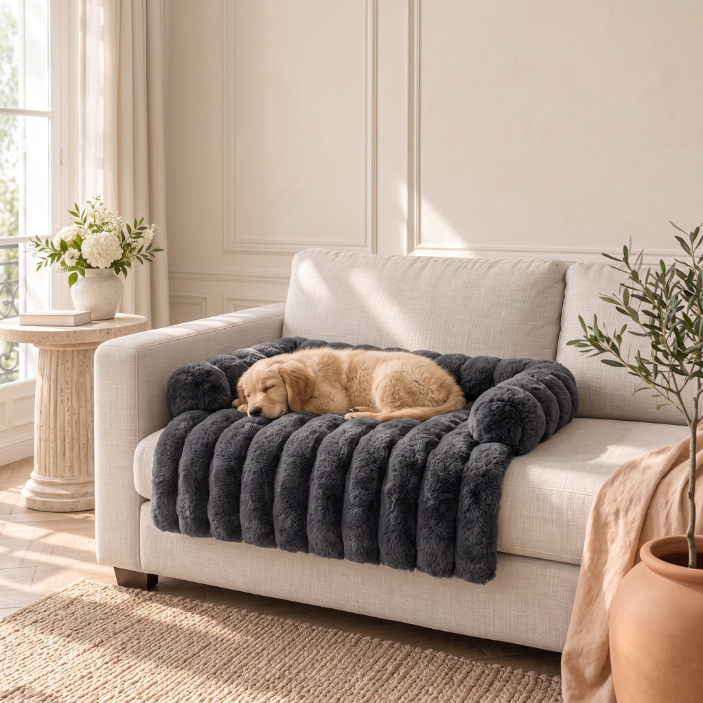 Chiot golden retriever endormi sur le tapis moelleux effet fourrure gris anthracite, posé sur un canapé clair