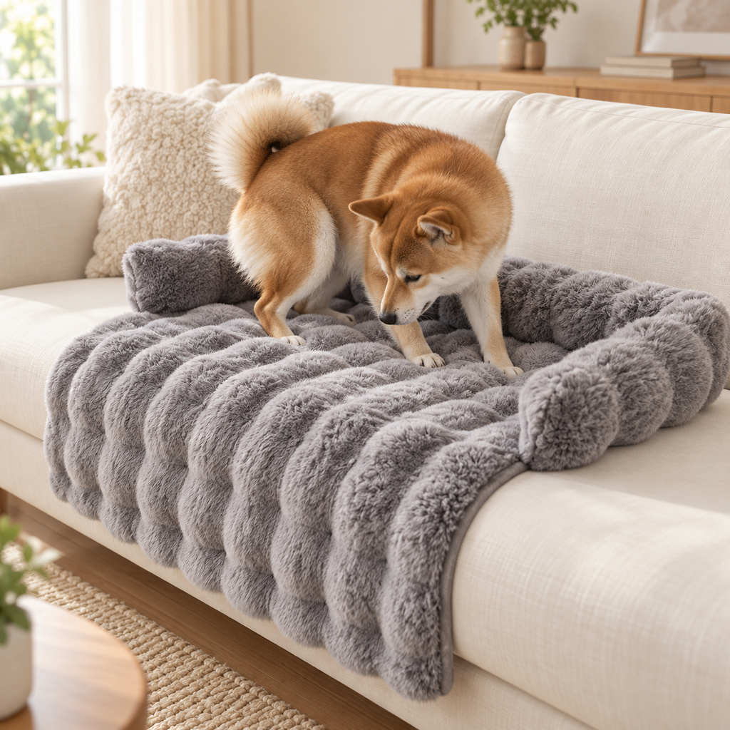 Shiba inu s’installant sur le tapis fourrure gris à rebords, posé sur un canapé clair