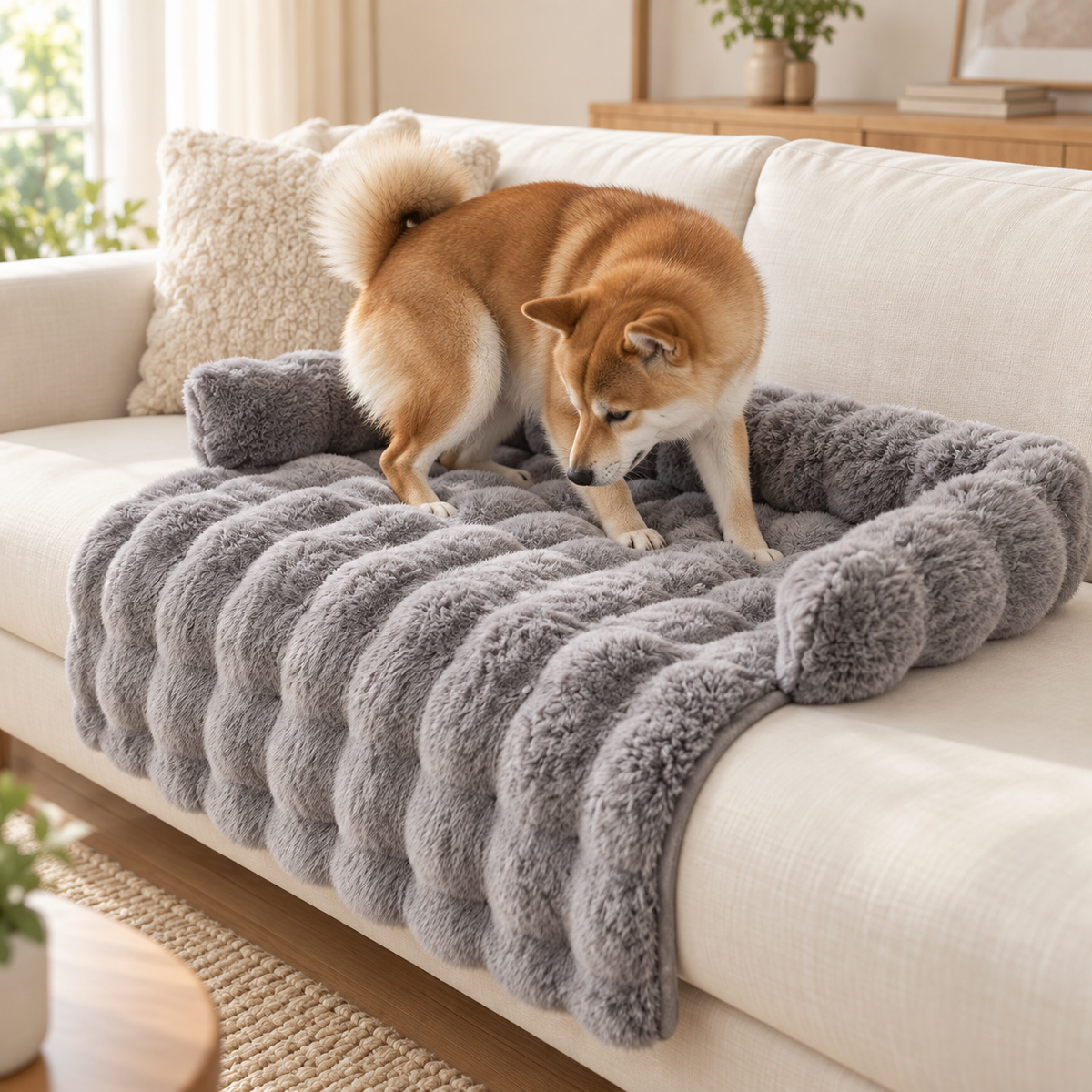 Shiba inu s’installant sur le tapis fourrure gris à rebords, posé sur un canapé clair