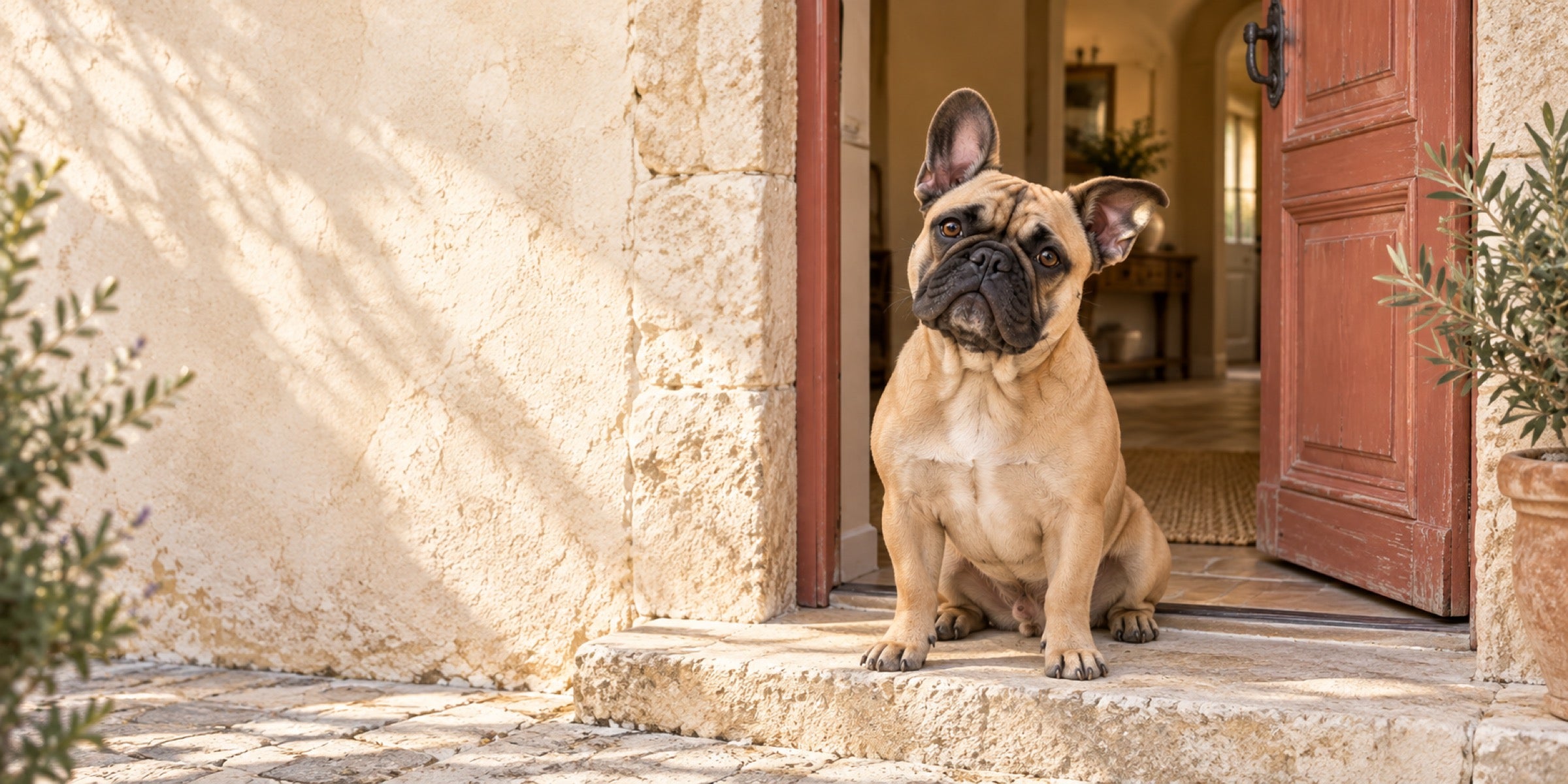 Bouledogue français dans l’embrasure d’une porte